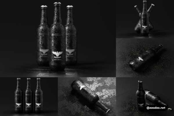 10款暗黑风650ml啤酒碳酸饮料玻璃包装瓶设计展示效果图PSD样机模板 Bomber Style Beer Bottle Mockups