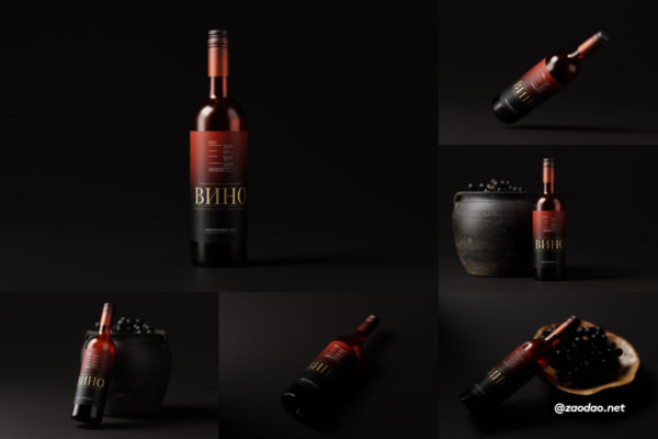 逼真半透明葡萄红酒玻璃瓶贴纸设计展示效果图PSD样机模板 Red Glass Wine Bottle Mockups with Dark Color Theme