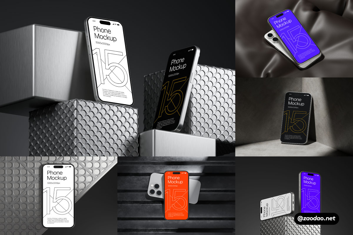 10暗黑工业风苹果iPhone 15 Pro作品集设计展示贴图PSD样机模板 iPhone 15 – App Presentation Mockup插图