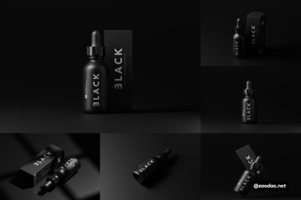 10款暗黑风化妆品药物滴管瓶包装盒设计展示效果图PSD样机模板 Black Dropper Bottle + Box Mockups