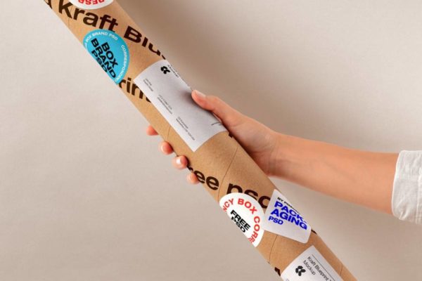 时尚手持牛皮纸纸管设计展示效果图PS智能贴图样机模板 Hand Holding Kraft Tube Psd Mockup