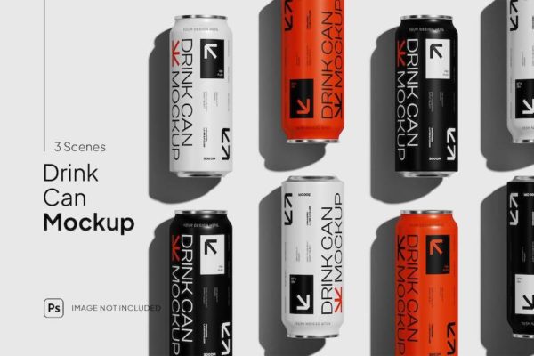 3款时尚听装啤酒苏打水碳酸饮料易拉罐锡罐设计展示贴图PSD样机模板 Can Mockup