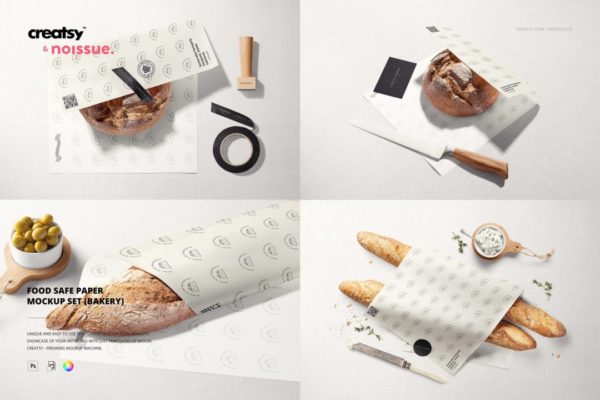 时尚面包糕点蛋糕食品安全包装纸设计展示贴图PSD样机模板 Noissue Food Safe Paper Mockup Set