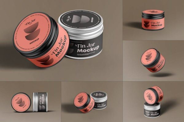 8款逼真食品化妆品发蜡金属锡罐包装罐设计展示效果图PSD样机模板 Metal Tin Jar Mock-up 2