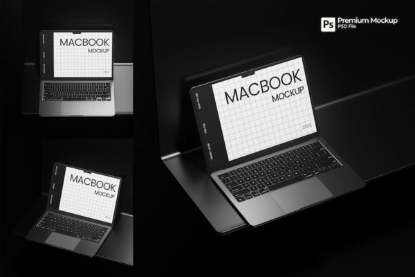 3款暗黑工业风苹果MacBook笔记本电脑屏幕演示贴图PSD样机模板 Laptop Mockup