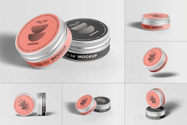 8款逼真化妆品发蜡金属锡罐包装罐设计展示贴图PSD样机模板 Metal Tin Jar Mock-up