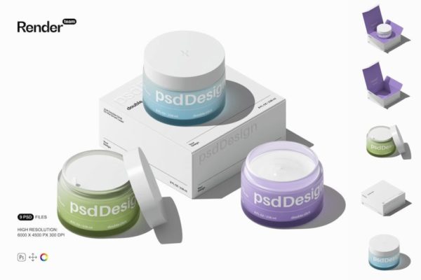 9款时尚化妆护肤品面霜包装罐包装盒设计展示贴图PSD样机模板 Cosmetic Jar and Box Mockup Set