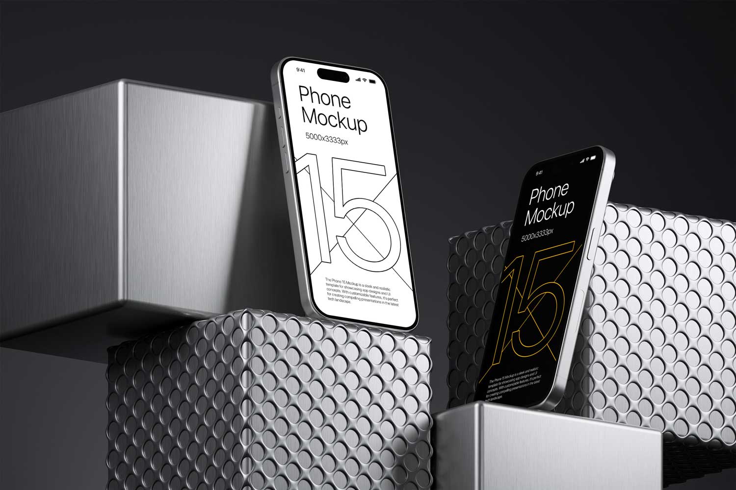10暗黑工业风苹果iPhone 15 Pro作品集设计展示贴图PSD样机模板 iPhone 15 – App Presentation Mockup插图9