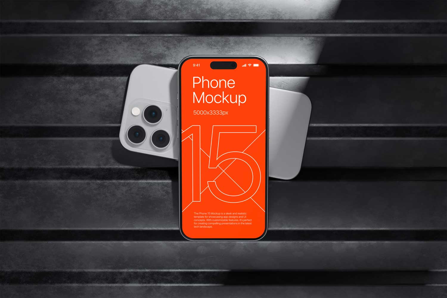 10暗黑工业风苹果iPhone 15 Pro作品集设计展示贴图PSD样机模板 iPhone 15 – App Presentation Mockup插图1