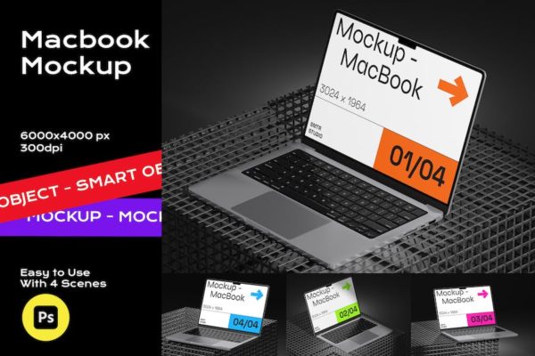 暗黑工业风苹果MacBook笔记本电脑作品集设计演示贴图PSD样机模板 Laptop Mockup