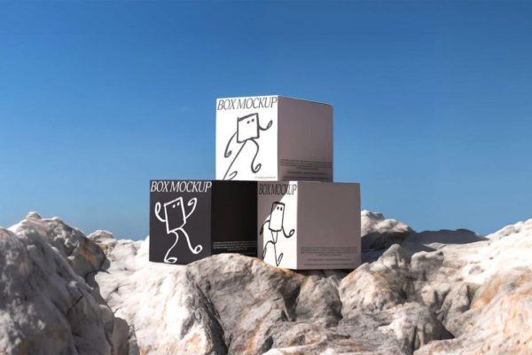 时尚方形产品包装纸盒设计展示贴图PSD样机模板 Cliffside packaging boxes mockup