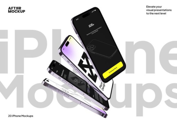 20款垂直悬浮苹果iPhone 15 Pro手机屏幕演示贴图PSD样机模板 iPhone Vertical Mockups