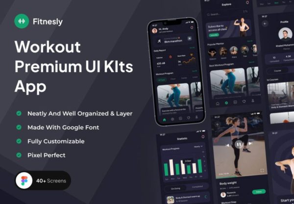 40+屏高级健身锻炼体育运动跑步数据统计APP界面设计Figma模板套件 Fitnesly – Workout Premium UI KIts App
