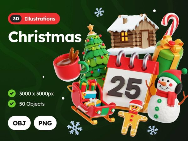 50款高级卡通圣诞节派对礼物圣诞树3D立体图标Icons设计素材 Christmas 3D Illustrations