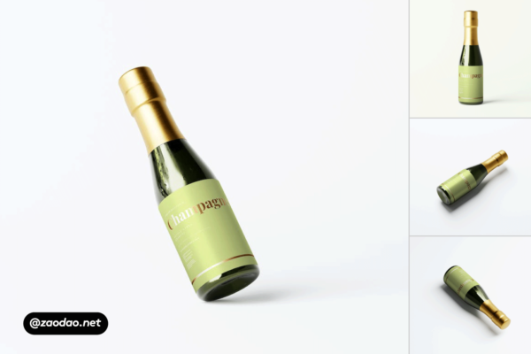 5款时尚迷你小瓶香槟葡萄酒包装玻璃瓶设计PS智能贴图样机模板效果图 Small Mini Wine or Champagne Bottle Mockups