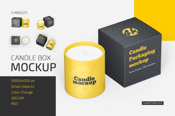 4款逼真蜡烛香薰杯包装纸盒设计展示贴图PSD样机模板 Candle Box Mockup Set