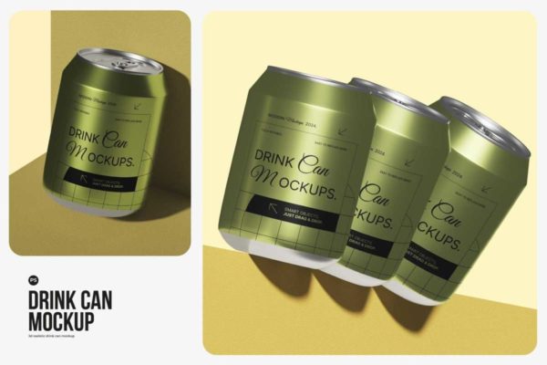 时尚听装啤酒饮料苏打水易拉罐锡罐设计展示PS智能贴图样机模板 Drink Can Mockup