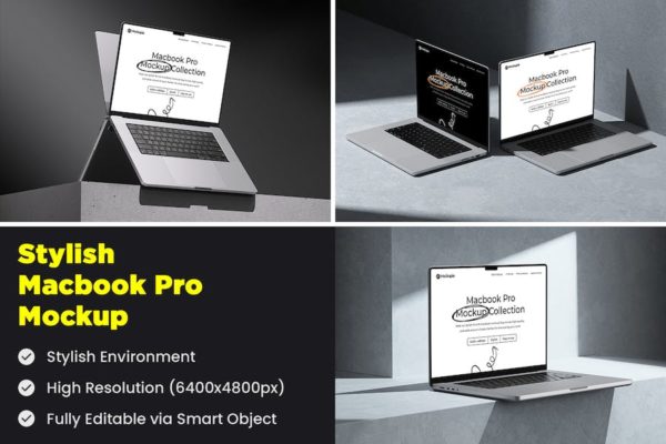 工业风混凝土背景苹果MacBook Pro屏幕网站界面设计作品集贴图效果图PSD样机模板 Stylish Macbook Pro Mockup