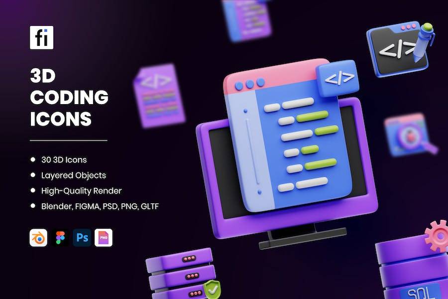 30款软件开发云计算代码编程3D插图图标Icons设计素材 3D Coding Icons