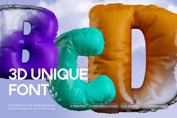 36款新年节日生日庆祝3D立体气球风格字母数字PNG免抠图设计素材 3D Unique Font