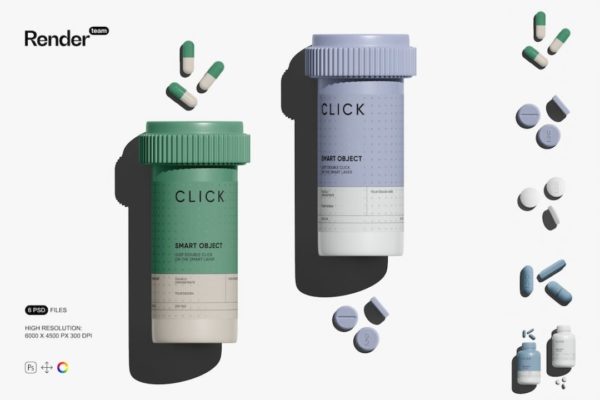 6款时尚药物保健品胶囊药丸药片塑料包装瓶设计展示效果图PSD样机模板 Pills and Bottle Mockup Set