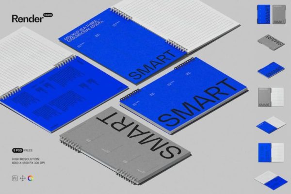 8款高级质感办公文具螺旋笔记本记事本封面设计展示效果图PSD样机模板 Notebook Mockup Set