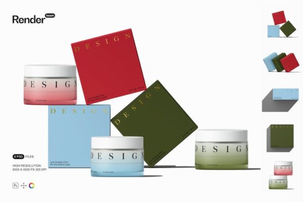 6款时尚化妆品面霜包装罐纸盒设计展示效果图PSD样机模板 Paper Box and Cosmetic Jar Mockups