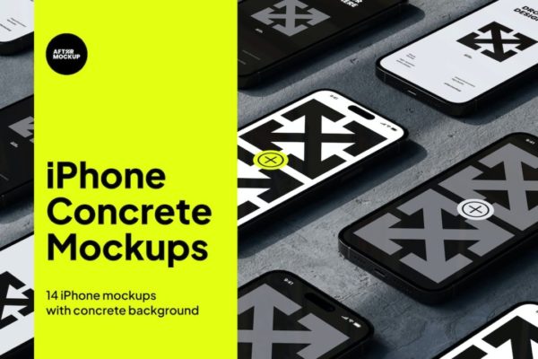 14款暗黑工业风混凝土背景苹果iPhone 15 Pro屏幕演示贴图PSD样机模板 iPhone Concrete Mockups