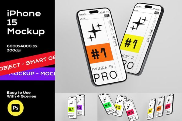 4款时尚APP界面设计苹果iPhone 15智能手机屏幕展示贴图PSD样机模板 iPhone 15 Mockup