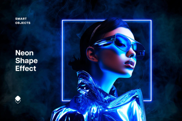 未来科幻赛博朋克风蓝色方框装饰人像图片修图PS滤镜特效样机模板 Blue Shape Neon Effect