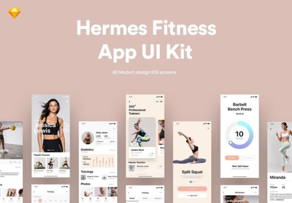 40屏体育锻炼健身数据统计APP界面设计Sketch模板套件 Hermes Fitness Mobile App UI Kit