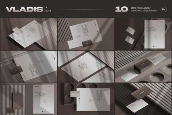 10款时尚带阴影品牌VI标志LOGO设计信纸名片展示效果图PSD样机模板素材 Vladis Branding Mockups – Part 1