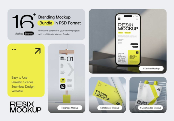 16款时尚标志LOGO品牌VI设计导视服装数码文具展示效果图PS样机模板 Resix – Clean Style Branding Mockup Bundle