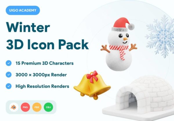 15款高级冬季冬天雪人服装3D插图图标Icons设计素材 Winter Element Style 3D Icon