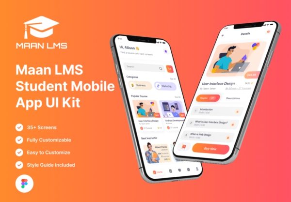 35+屏学生在线课程教育教学移动应用程序APP界面设计Figma模板套件 Maan LMS- Student Mobile App Flutter iOS & Android UI Kit