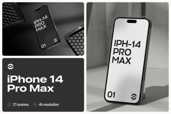 21款工业风混凝土背景苹果iPhone 14 Pro手机屏幕APP界面设计作品集展示效果图PSD样机 iPhone 14 Pro Max Bundle