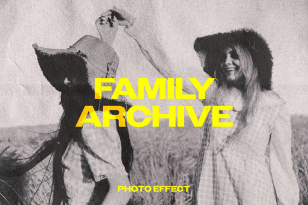复古黑白噪点做旧家庭老照片效果人像图片修图PS特效样机模板 Family Archive Photo Effect