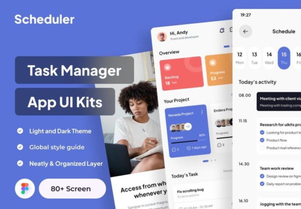 80+屏高级项目管理调度程序任务管理器软件APP界面设计Figma模板套件 Scheduler – Task Manager App UI Kits