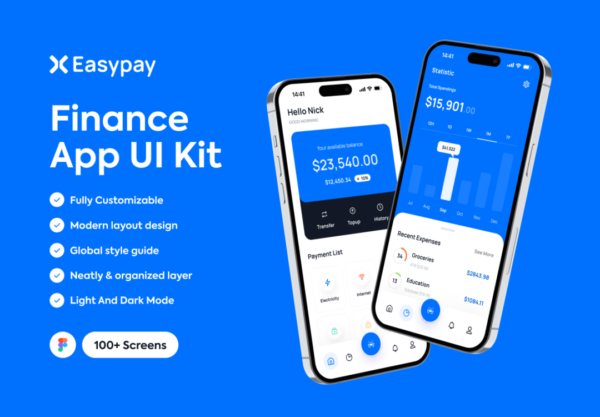 100+屏金融理财电子钱包手机银行APP软件界面设计Figma模板套件 Easypay – Finance App UI Kits