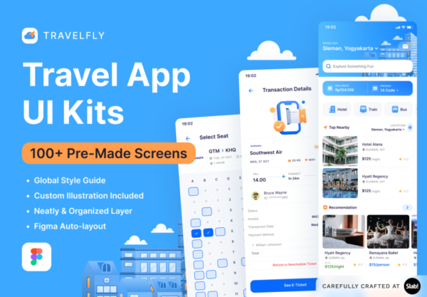 100+评时尚旅行酒店机票预定应用程序APP用户界面设计Figma模版套件 TravelFly – Travel App UI Kit