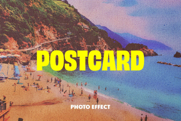 复古半调颗粒漫画风照片图像处理PS特效样机模板 Vintage Halftone Postcard Photo Effect