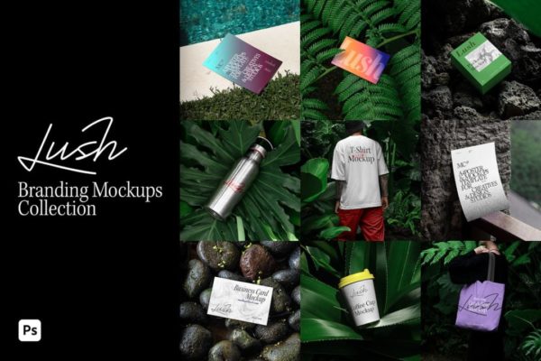 31款绿植背景装饰品牌VI设计名片海报T恤包装盒咖啡纸杯展示效果图PSD样机模板 Lush Branding Mockups Kit