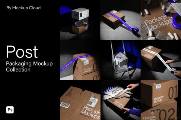 8款高级工业风快递品牌VI设计包装纸盒胶带展示效果图PSD样机模版 Post Packaging Mockups Kit