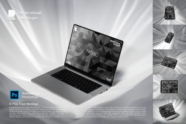 6款时尚UI界面设计苹果MacBook Pro笔记本电脑iPhone 15手机iPad Pro屏幕贴图PSD样机模板 Fabric Mockup