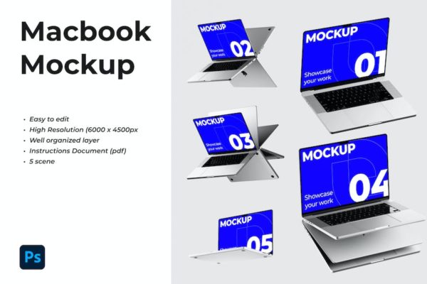 5款时尚苹果笔记本电脑MacBook Pro屏幕演示贴图样机PSD模版 Macbook Pro Mockup