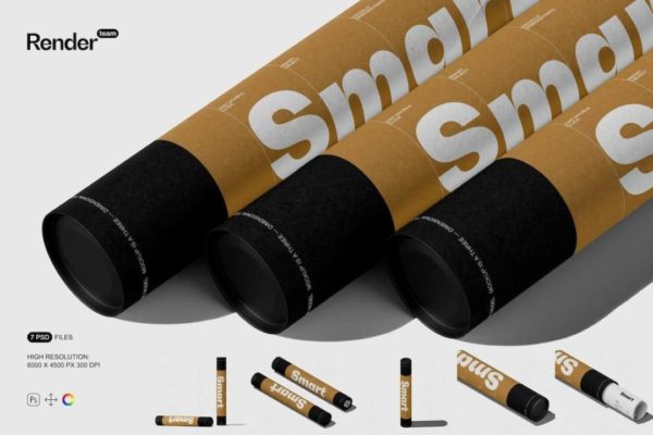 7款时尚信件艺术品包装纸管设计展示效果图PSD样机模板素材 Paper Tube Mockup Set