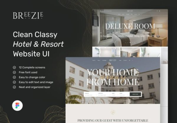 12屏极简旅行酒店度假村网站界面设计Figma模板素材 Breezie – Clean & Classy Hotel & Resort Website