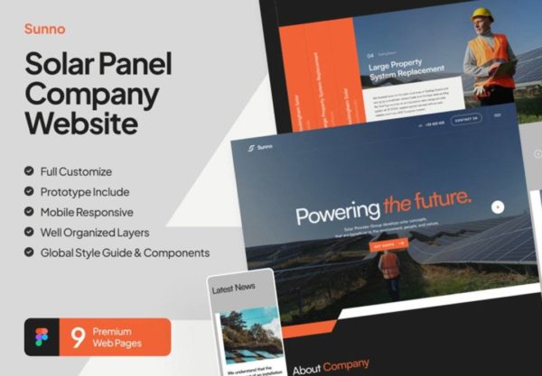 9屏高级新能源太阳能发电电池板公司网站WEB界面设计Figma模板 Sunno – Solar Panel Company Website