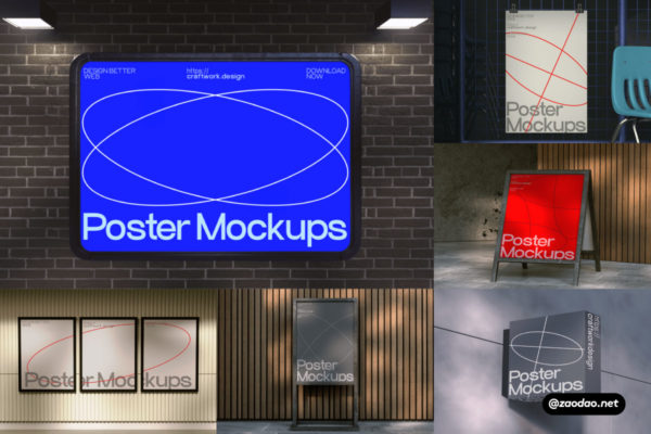 8款时尚艺术品促销海报招牌设计展示效果图PS智能贴图样机模板素材 Poster Board Mockups