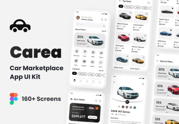 160+屏双配色汽车租赁销售市场营销APP应用程序界面设计Figma模板套件 Carea – Car Marketplace App UI Kit